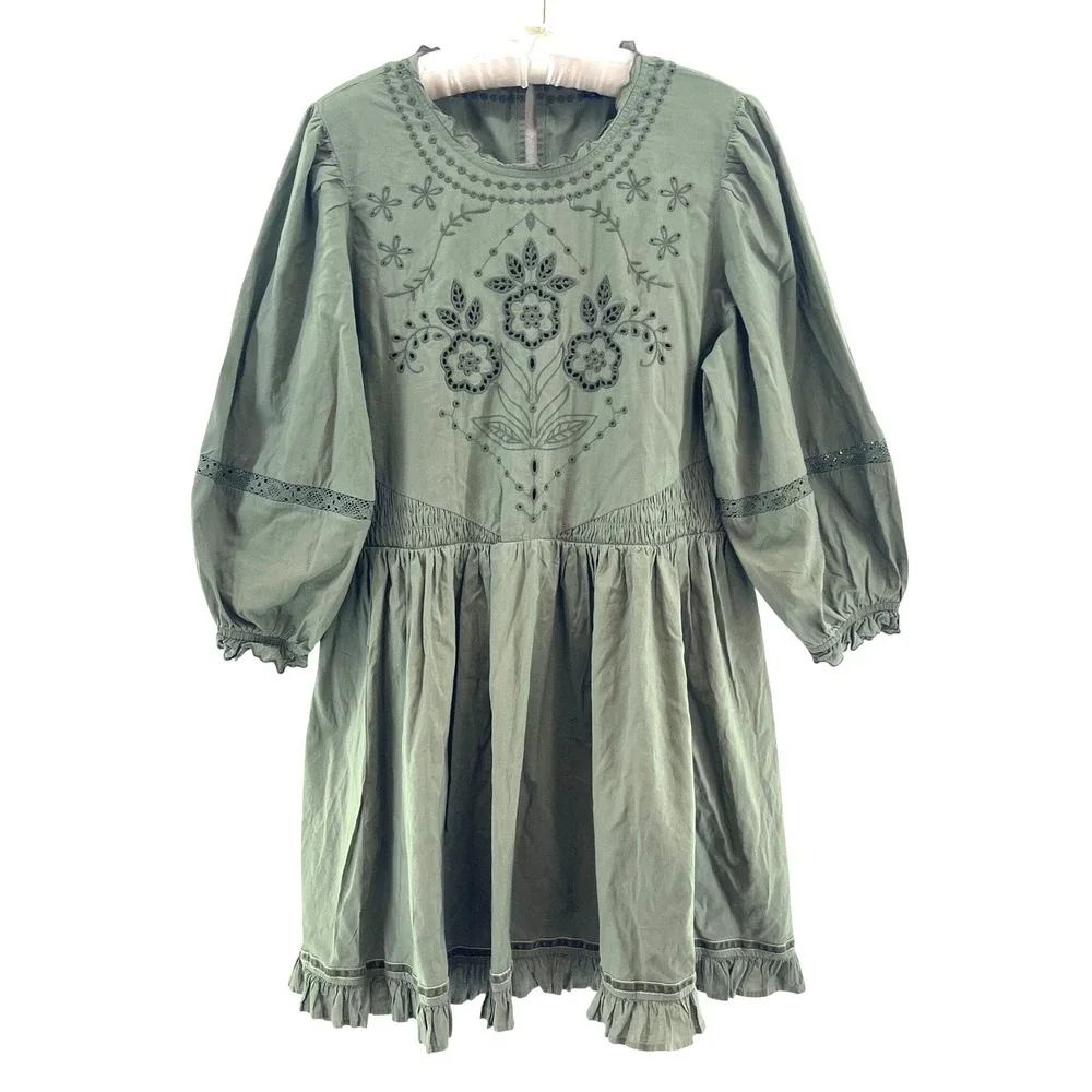 American Eagle Eyelet Embroidered Mini Dress Women M Green Cotton Ruffle Mori - Picture 1 of 15